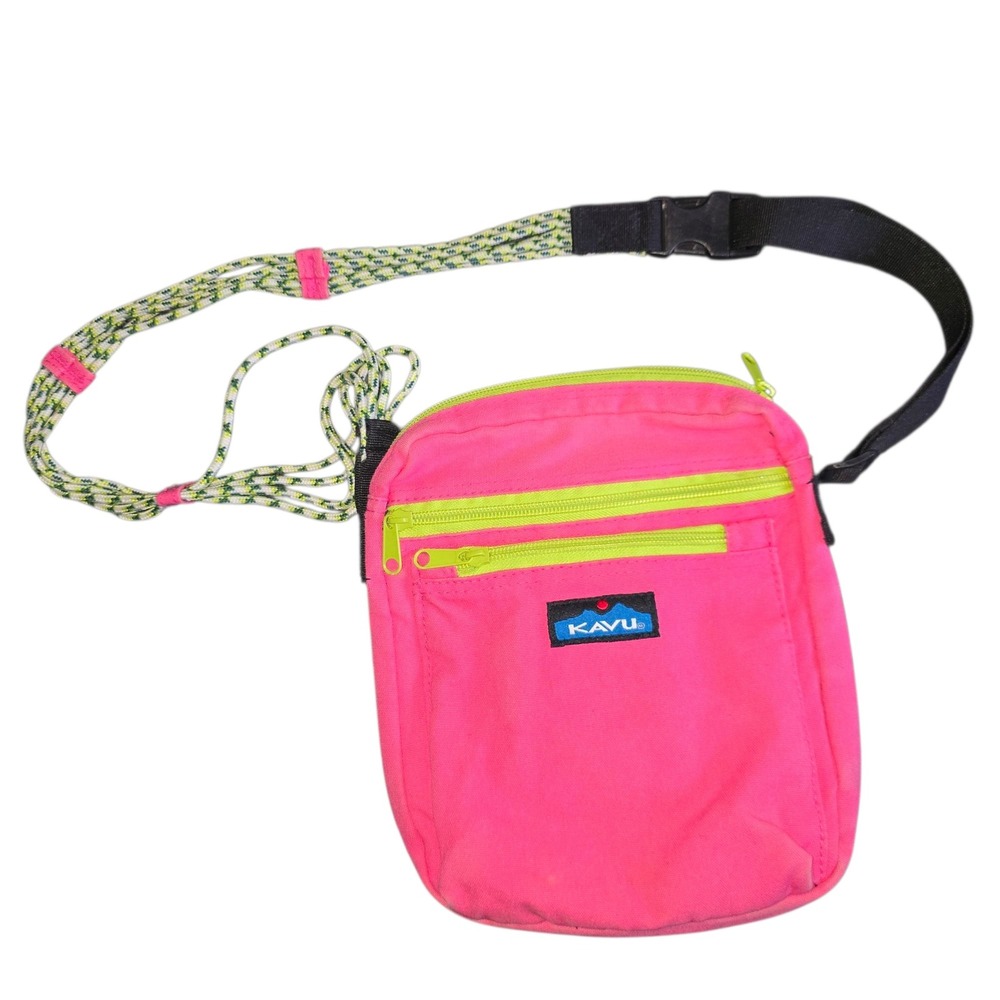 KAVU Crossbody Bag Neon Pink Green Festival Travel Adjustable Strap